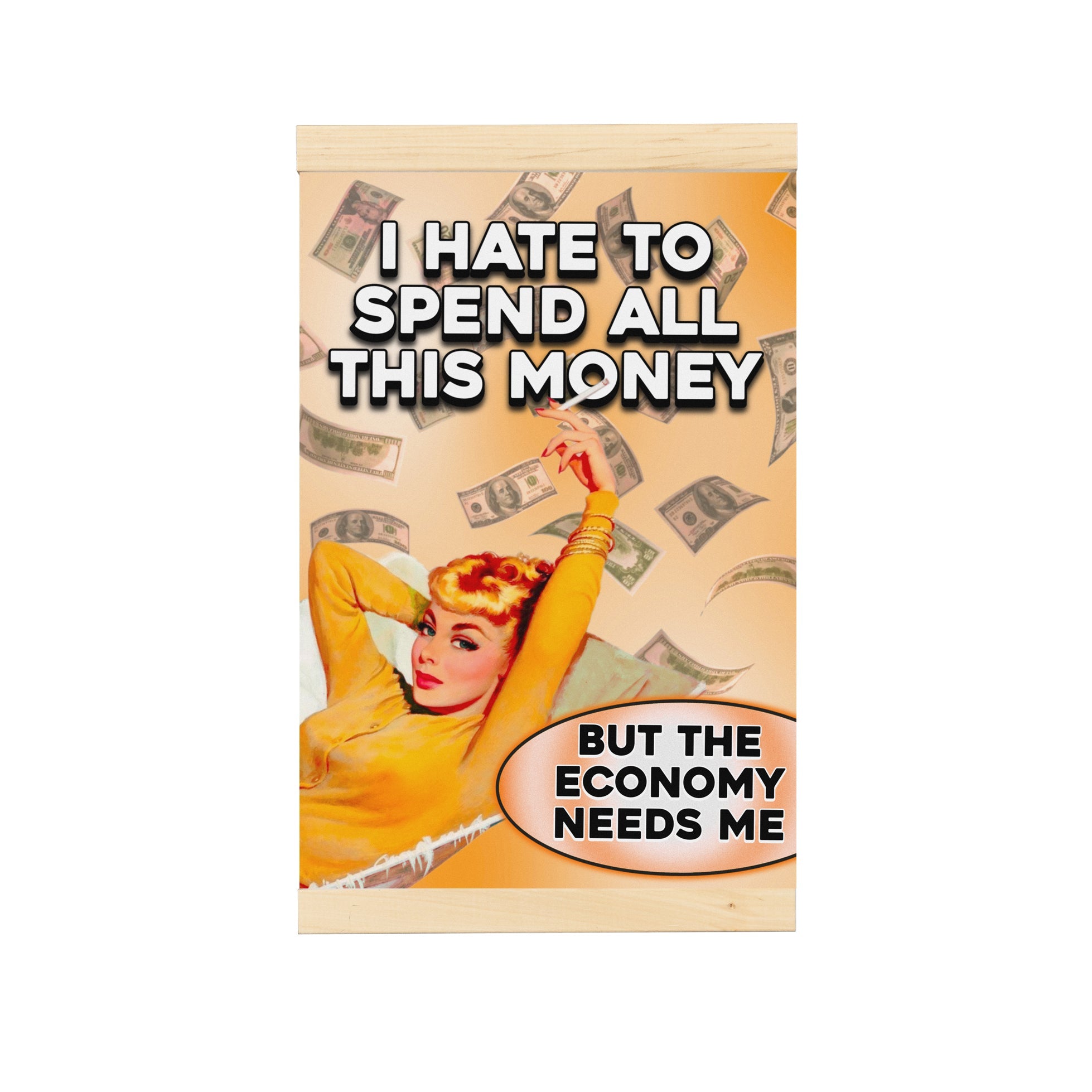 Creativejawns hanging canvas featuring 'F O R T H E E C O N O M Y' design, easily hung with magnets, showcasing vibrant vintage artwork.