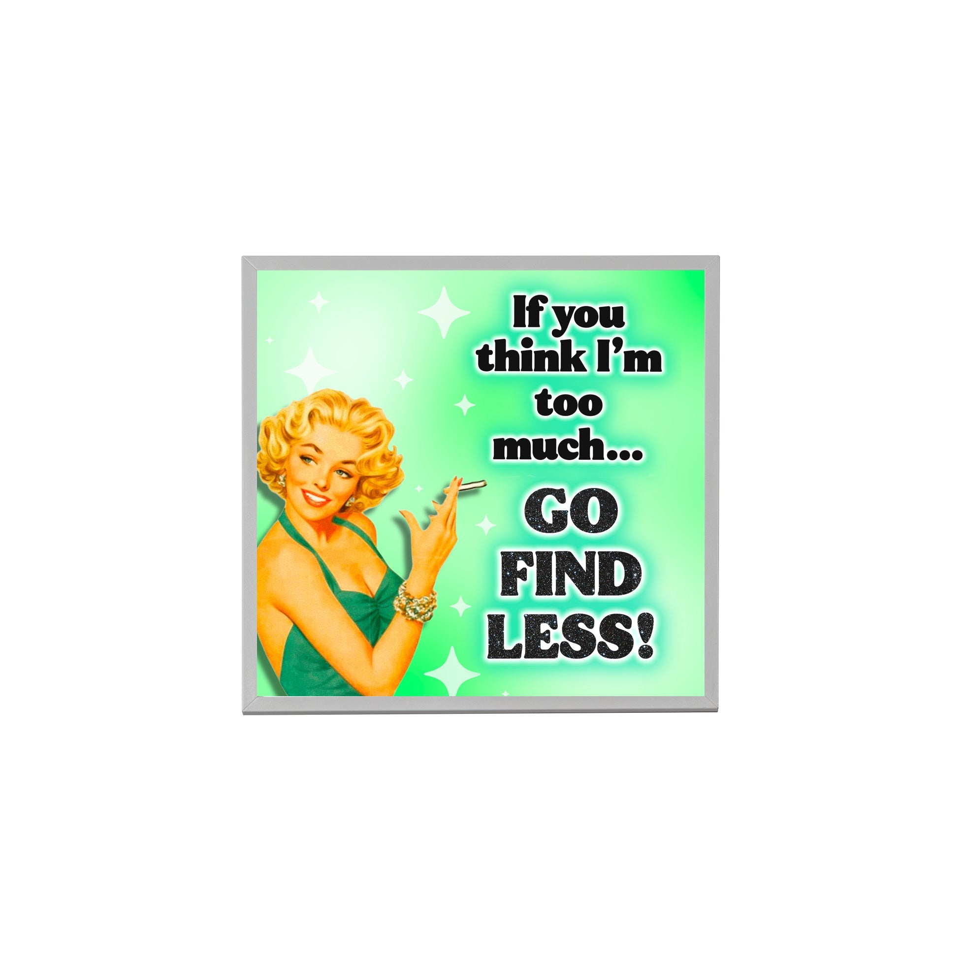 Creativejawns Collection photo tiles featuring 'G O F I N D L E S S' design, 8x8 size with magnetic backing for easy wall display.