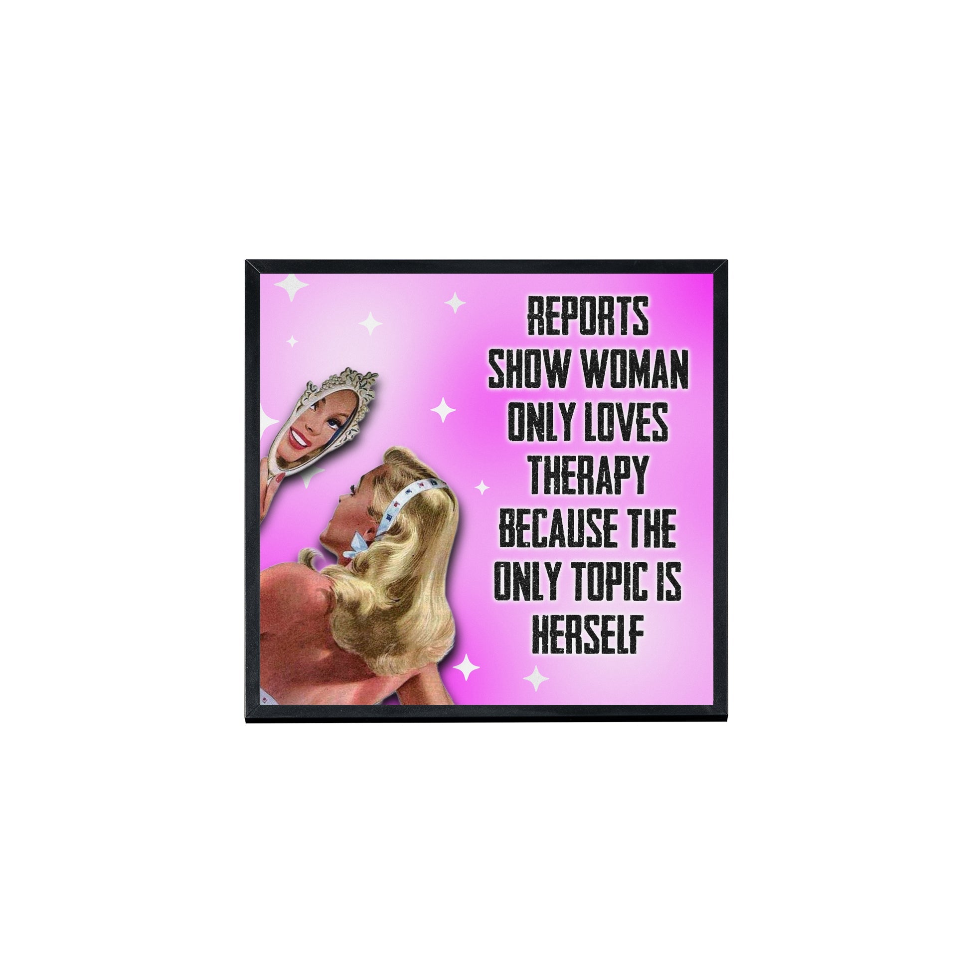 Creativejawns Collection 'T H E R A P Y' 8x8 photo tiles displayed with magnets on a wall.