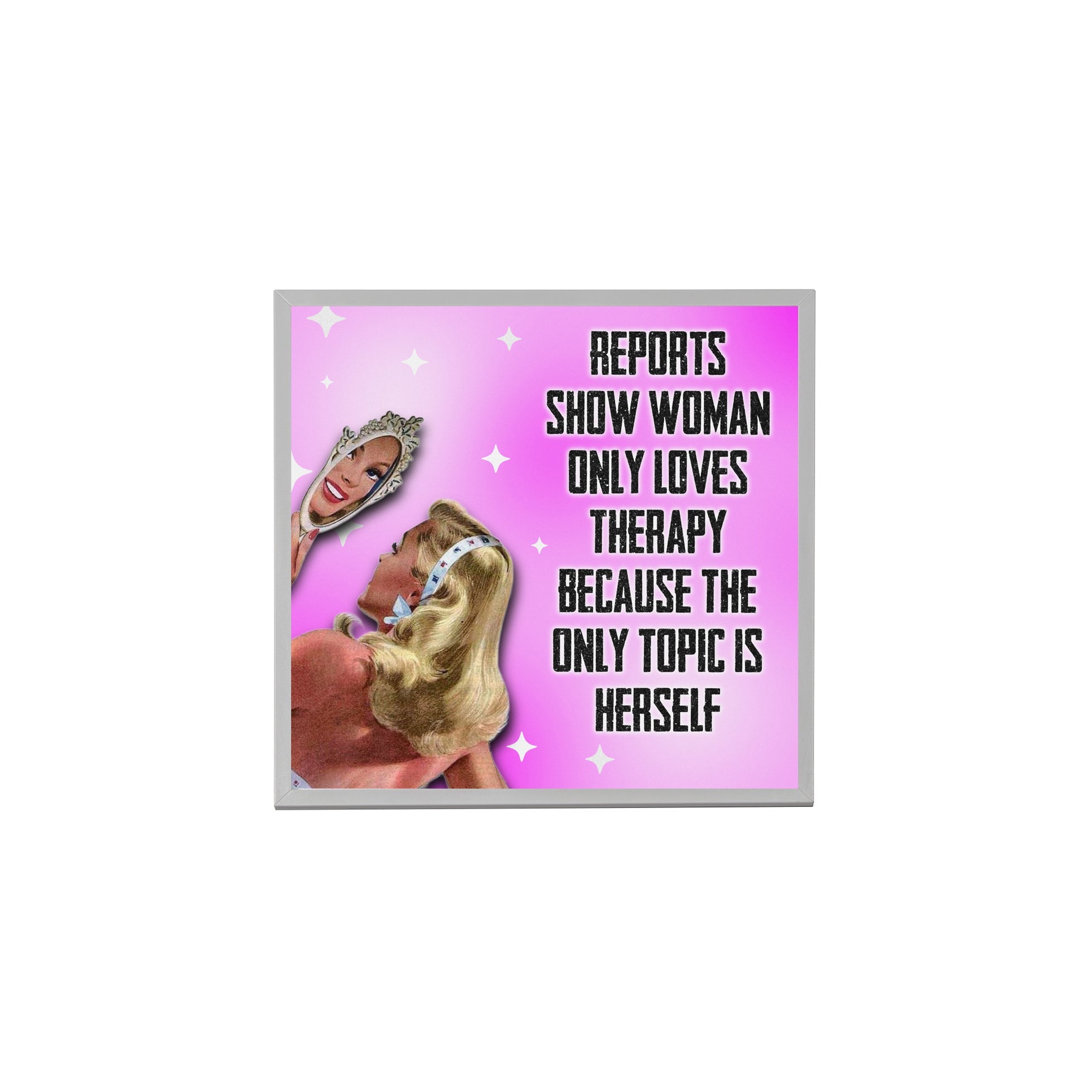 Creativejawns Collection 'T H E R A P Y' 8x8 photo tiles displayed with magnets on a wall.