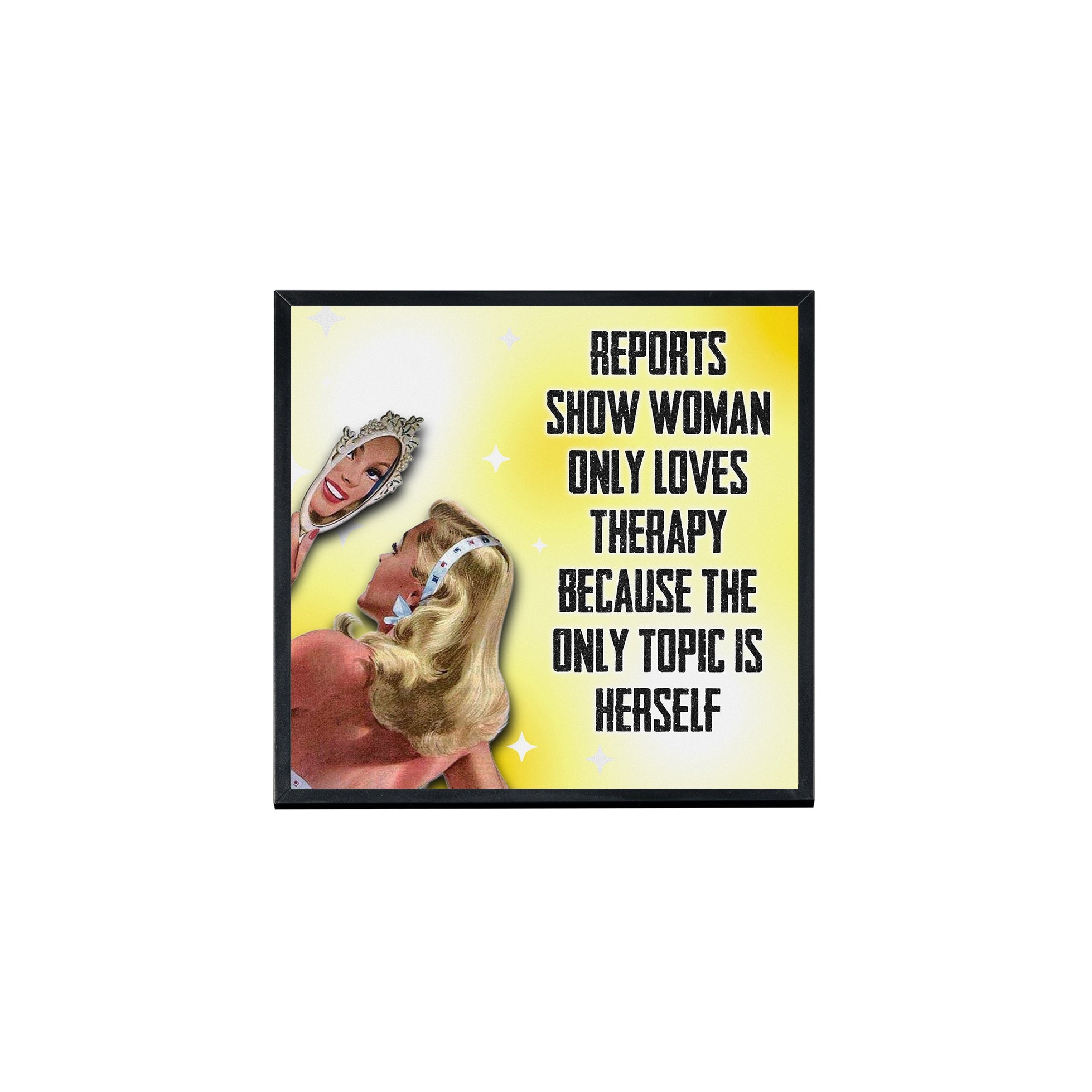 Creativejawns Collection 'T H E R A P Y' 8x8 photo tiles displayed with magnets on a wall.