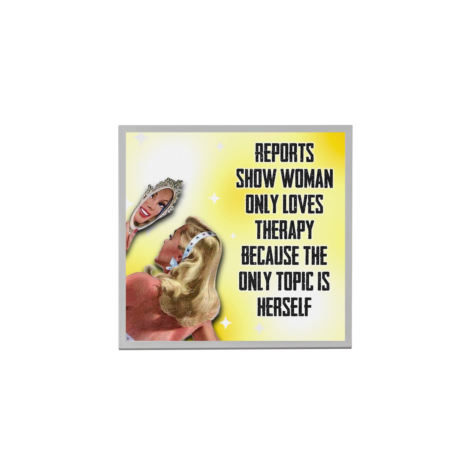 Creativejawns Collection 'T H E R A P Y' 8x8 photo tiles displayed with magnets on a wall.