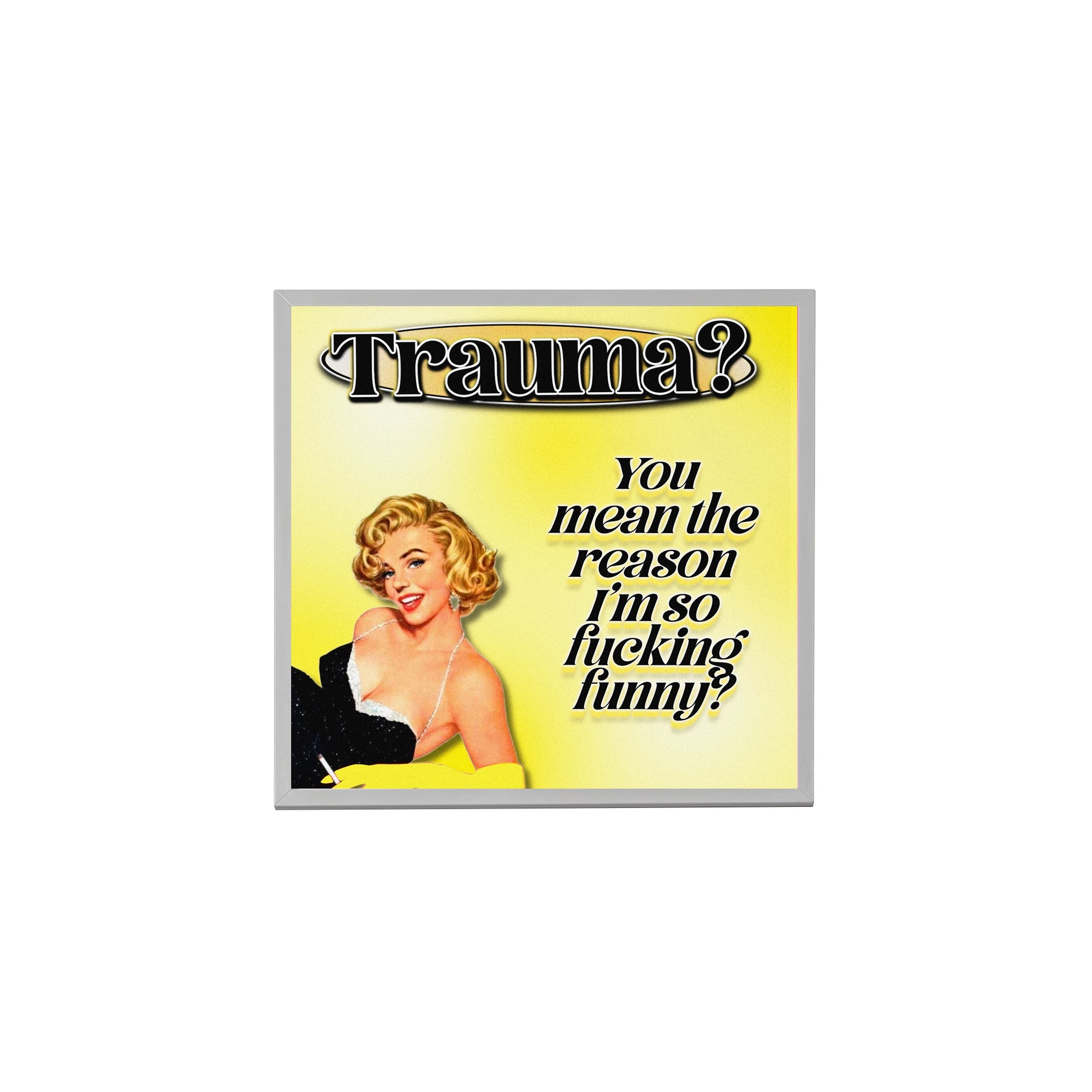 Creativejawns Collection 'T R A U M A' 8x8 photo tiles displayed on a wall, showcasing vibrant designs and magnetic hanging system.