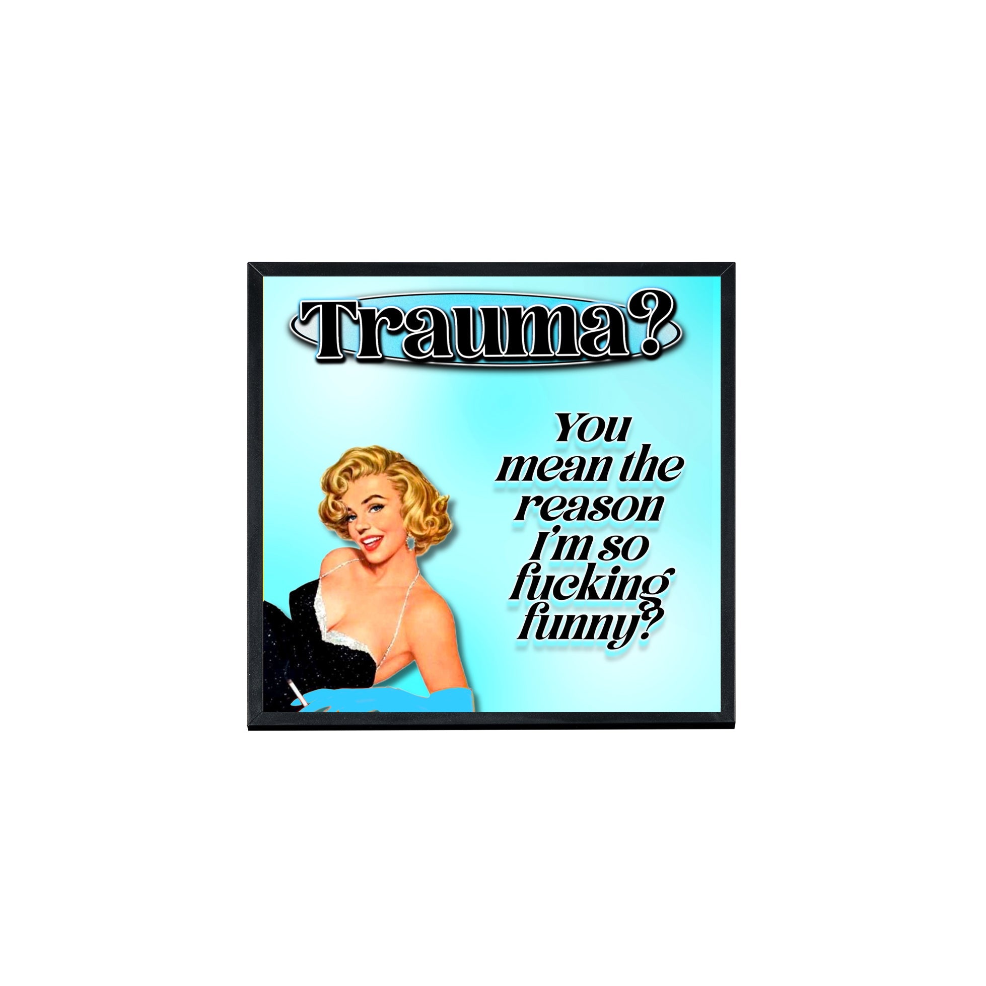 Creativejawns Collection 'T R A U M A' 8x8 photo tiles displayed on a wall, showcasing vibrant designs and magnetic hanging system.