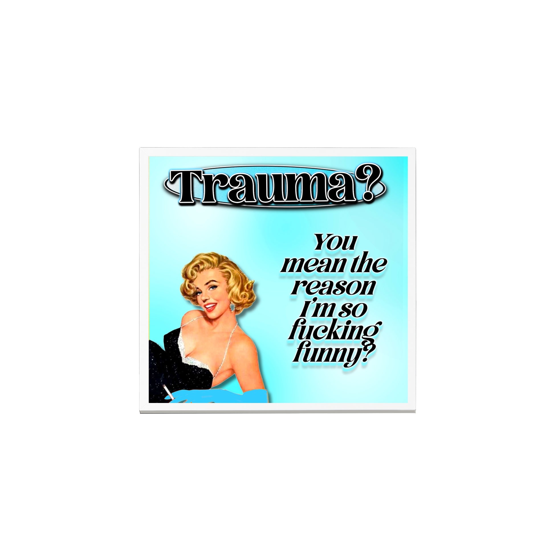 Creativejawns Collection 'T R A U M A' 8x8 photo tiles displayed on a wall, showcasing vibrant designs and magnetic hanging system.