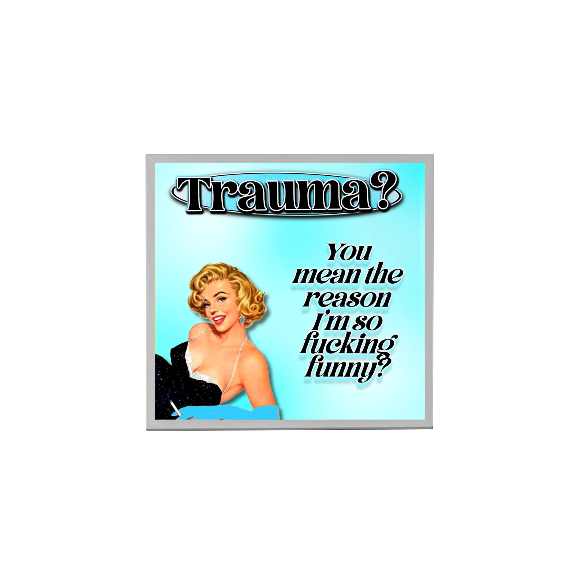 Creativejawns Collection 'T R A U M A' 8x8 photo tiles displayed on a wall, showcasing vibrant designs and magnetic hanging system.