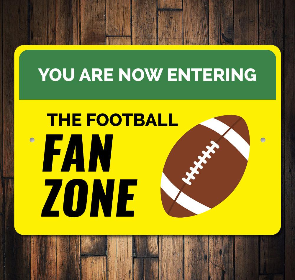 The Football Fan Zone Sign made of durable aluminum, featuring customizable text and pre-drilled holes for easy mounting, perfect for football enthusiasts.