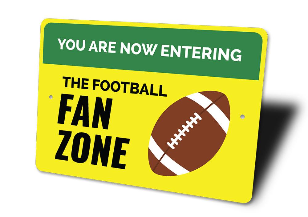 The Football Fan Zone Sign made of durable aluminum, featuring customizable text and pre-drilled holes for easy mounting, perfect for football enthusiasts.