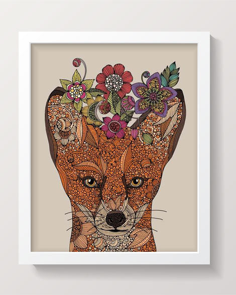 Art print of a fox surrounded by colorful flowers on 8x10 photographic paper.