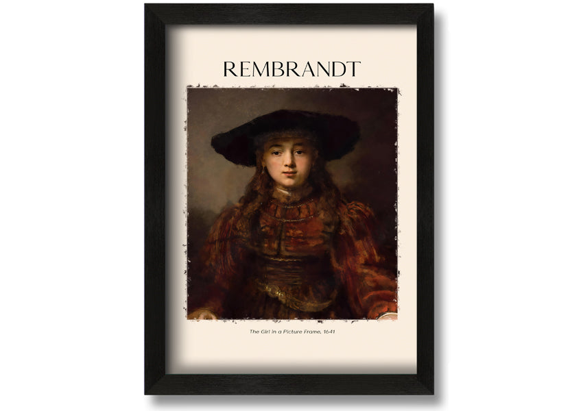 A detailed reproduction of Rembrandt's 'The Girl In A Picture Frame', printed on canvas and mounted on a box frame, showcasing vibrant colors.