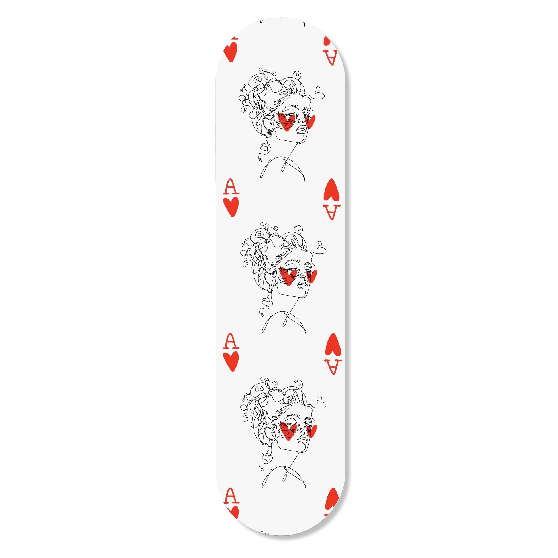 Ace of Hearts skateboard from the Girl Knew York Collection, featuring a vibrant design and magnetic hanging system.
