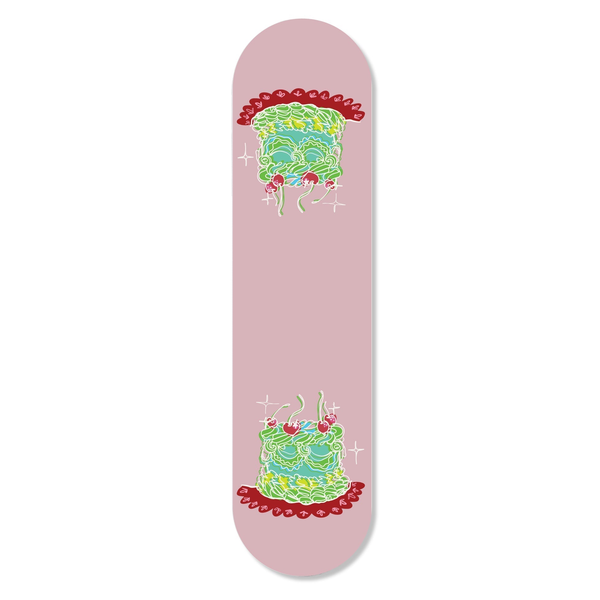 A colorful flat skateboard from the Girl Knew York Collection, featuring artistic designs, hung on a wall with magnets.