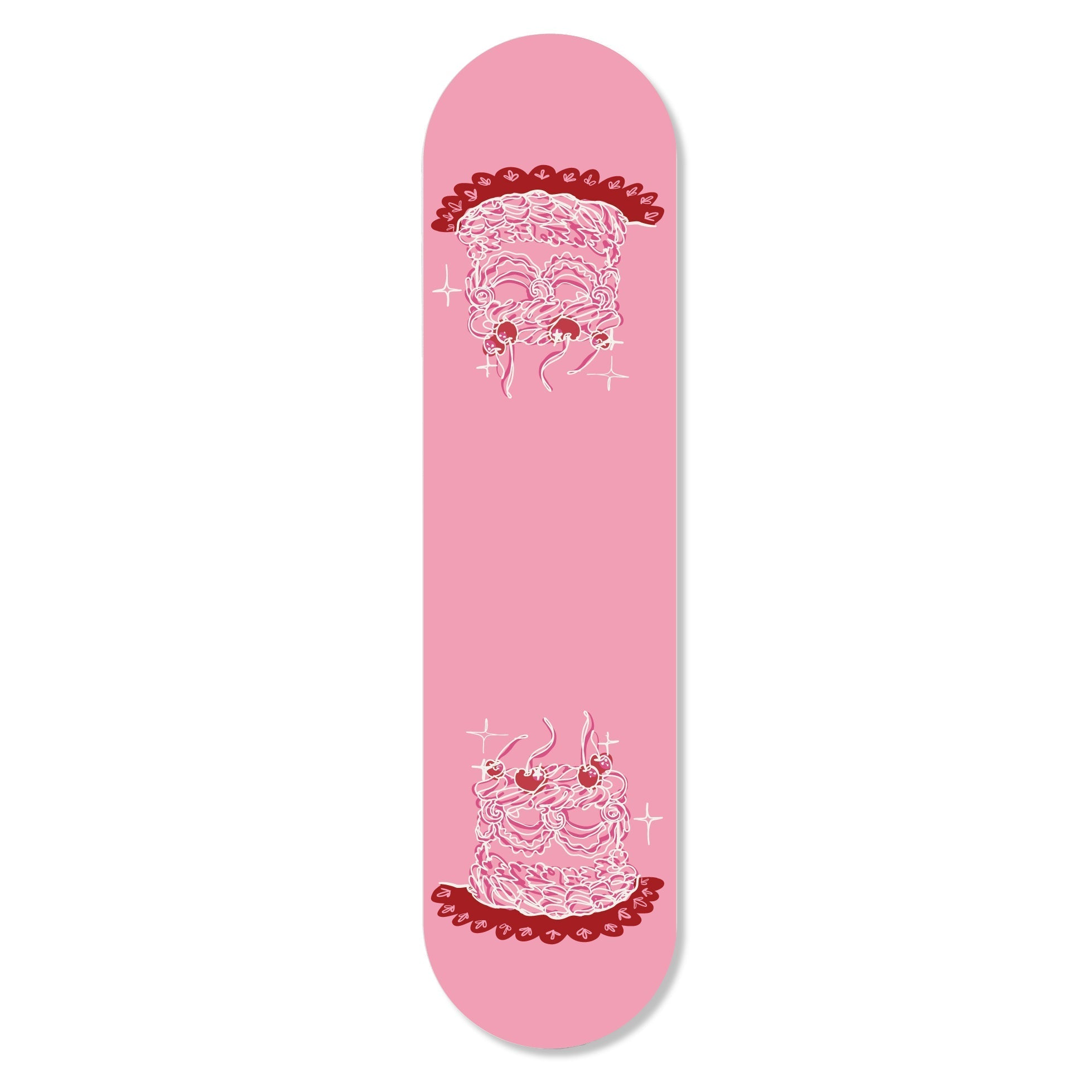 A colorful flat skateboard from the Girl Knew York Collection, featuring artistic designs, hung on a wall with magnets.