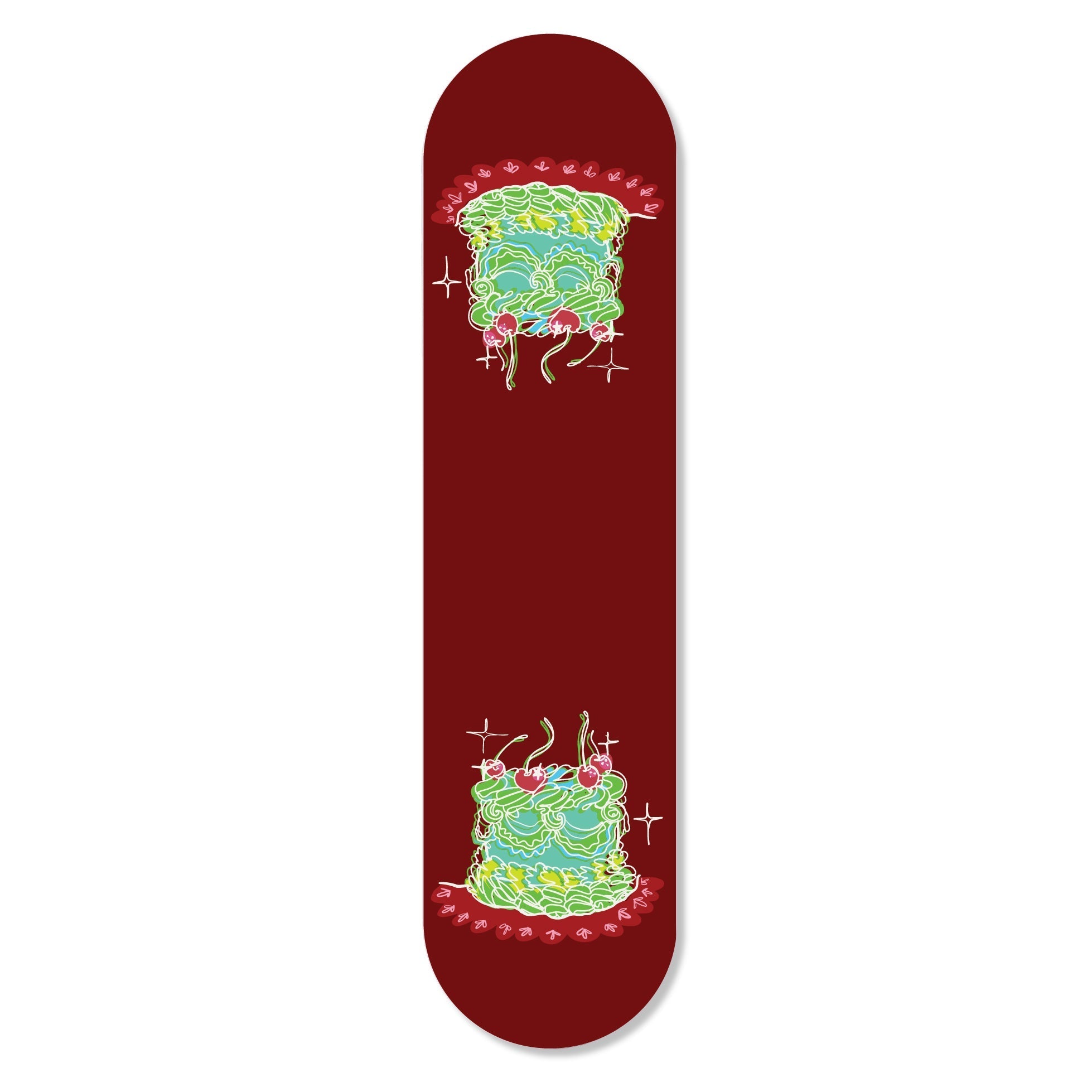 A colorful flat skateboard from the Girl Knew York Collection, featuring artistic designs, hung on a wall with magnets.