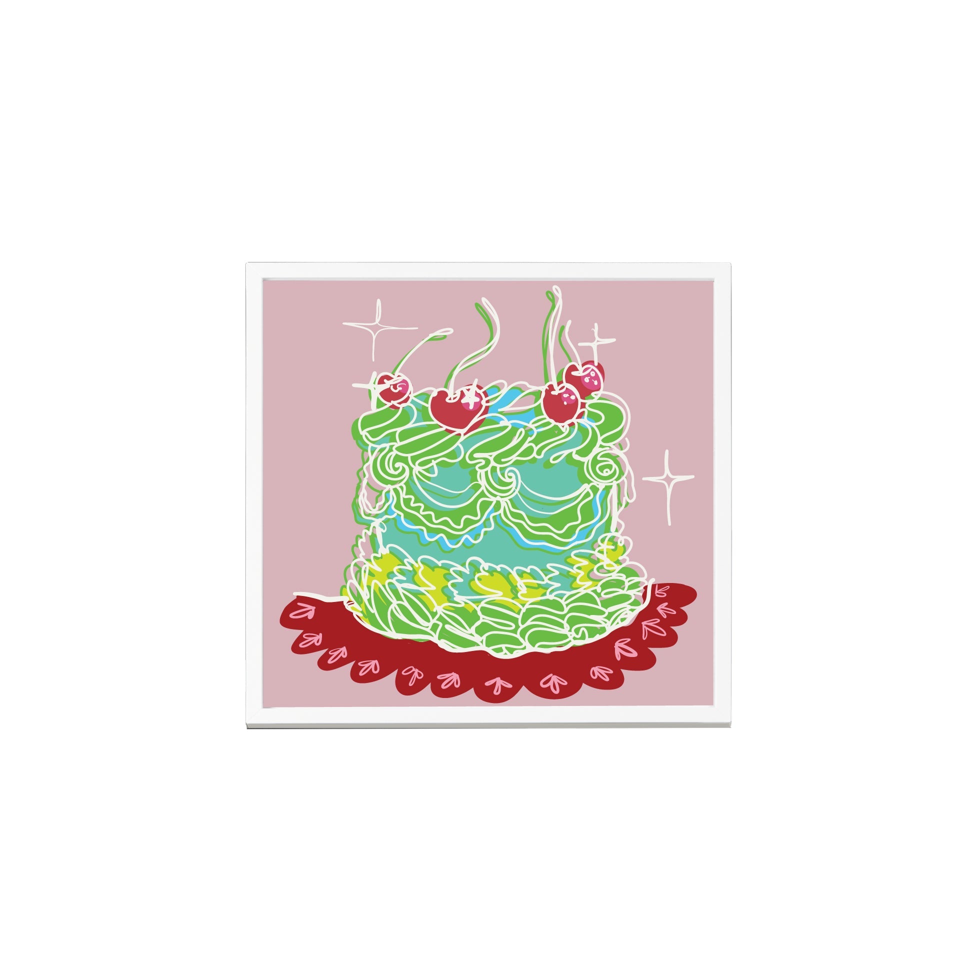 Colorful 8x8 photo tiles from The Girl Knew York Cake on TilePix collection, featuring a magnetic hanging system for easy wall decoration.