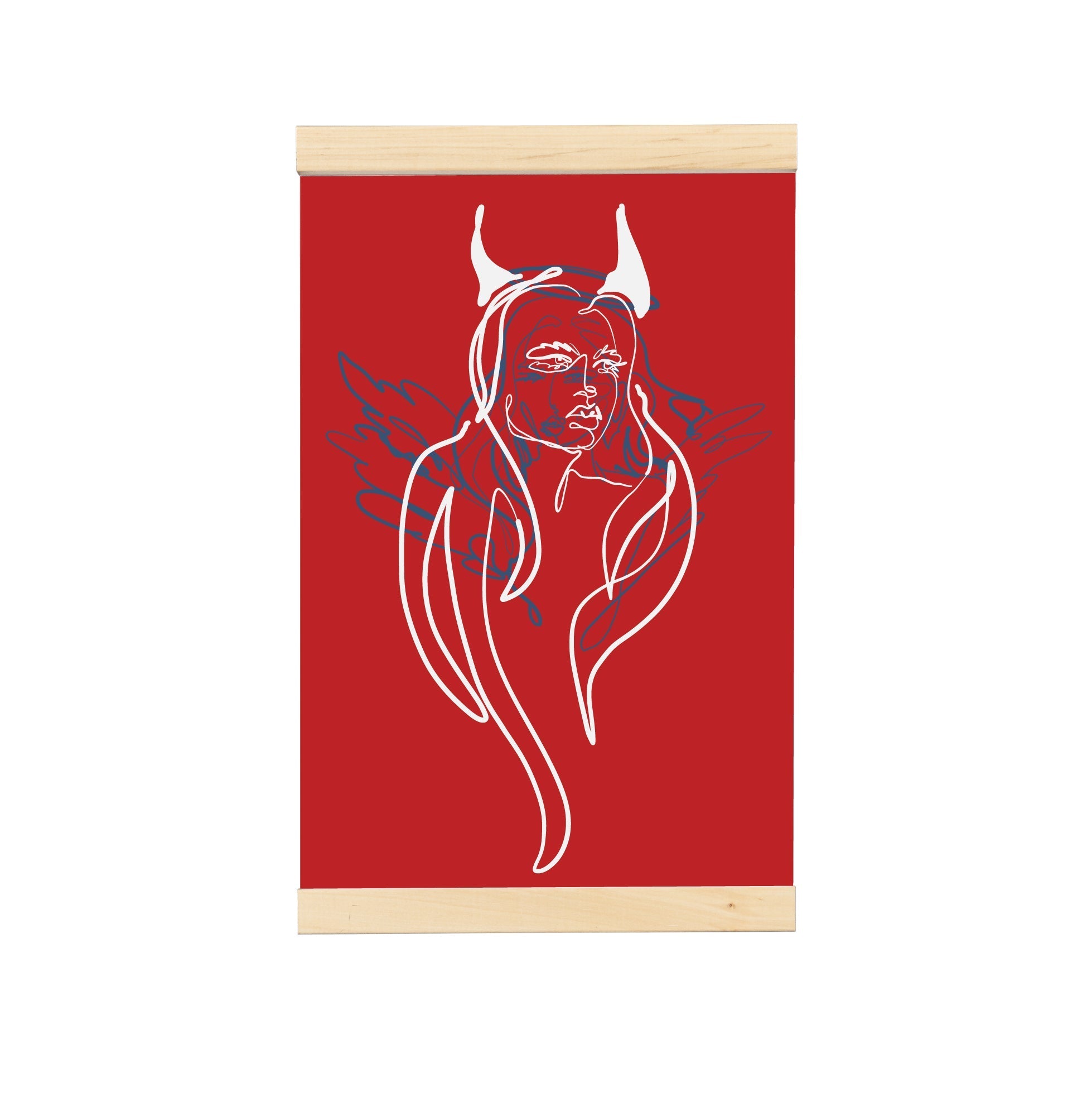 Devil Girl Plus One hanging canvas featuring vibrant artwork, hung with magnets for easy installation.