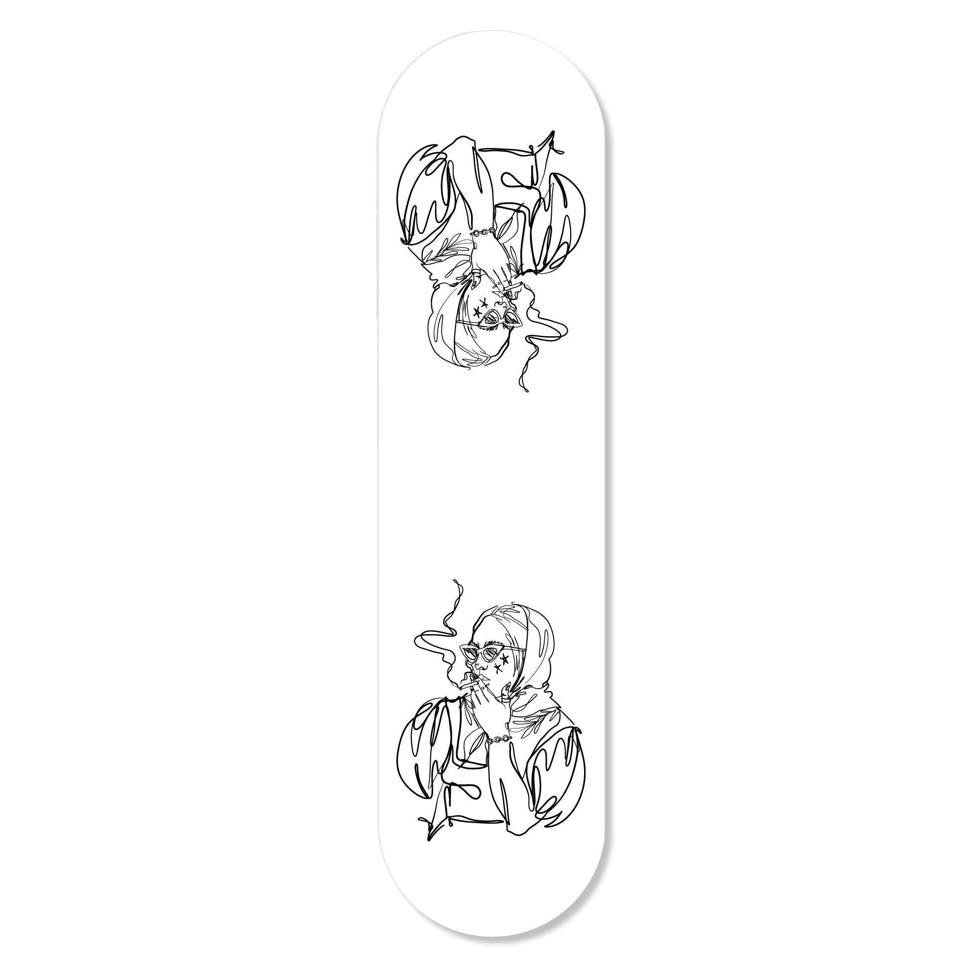 Stylish flat skateboard featuring a fashionable girl design, hung with magnets for wall decor.