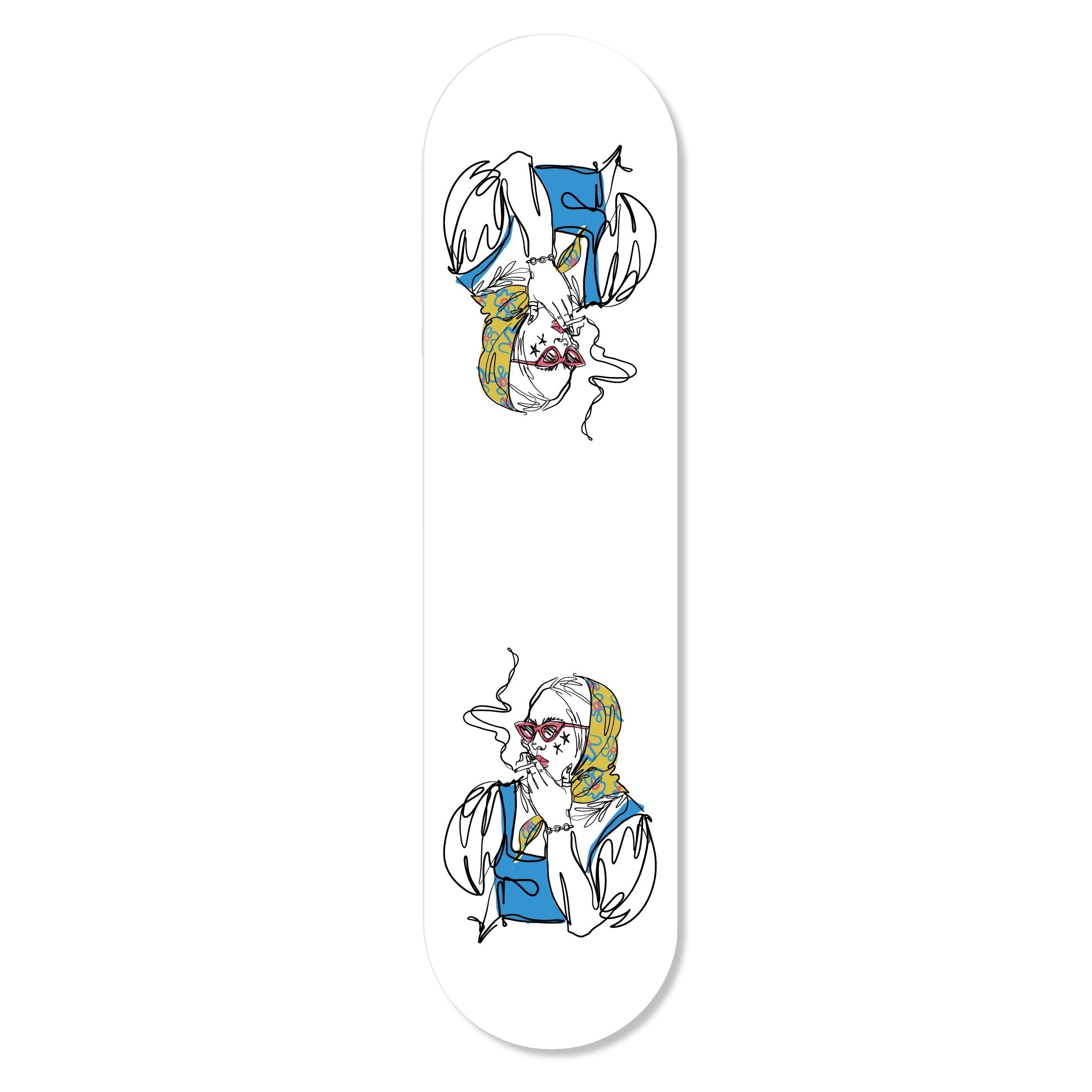 Stylish flat skateboard featuring a fashionable girl design, hung with magnets for wall decor.