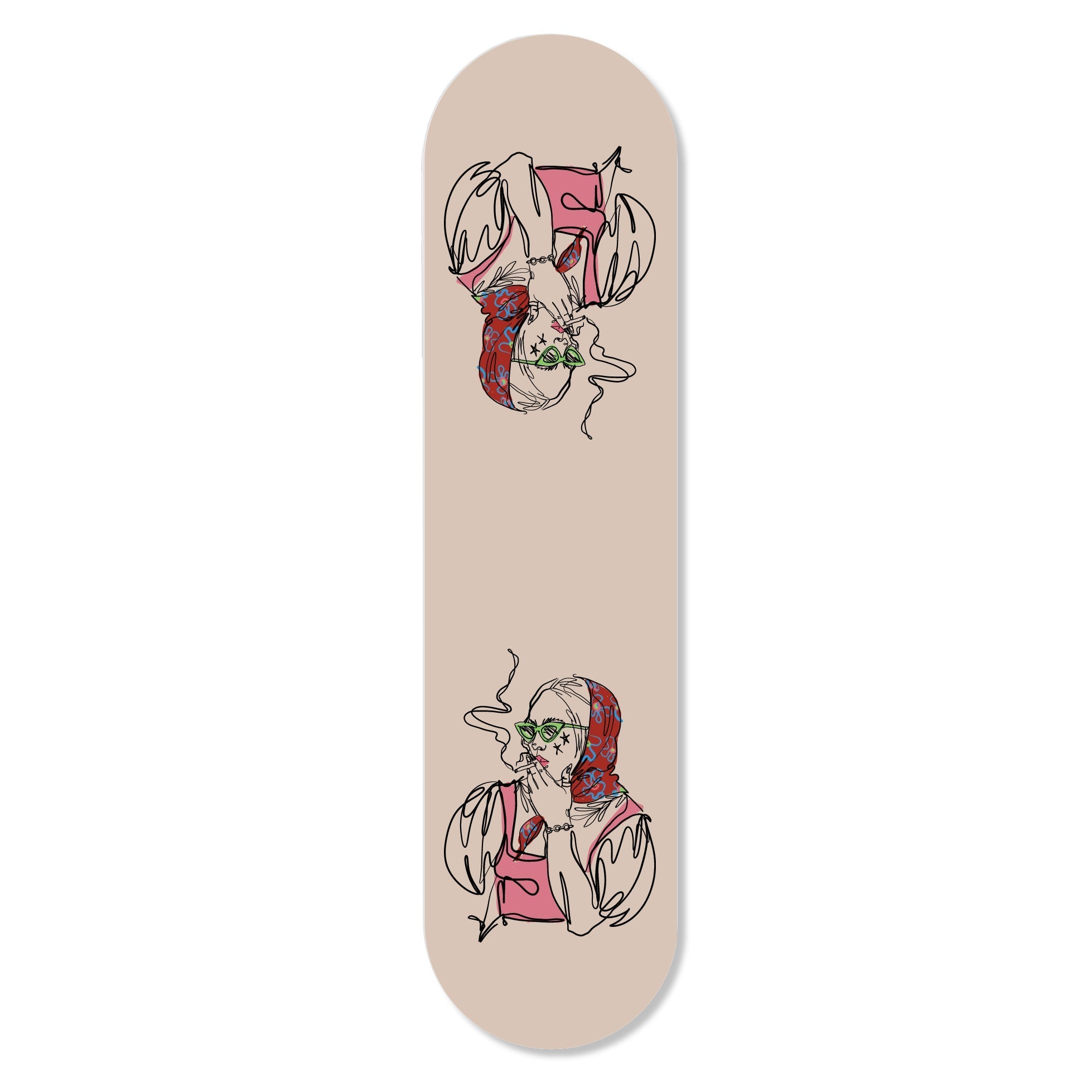 Stylish flat skateboard featuring a fashionable girl design, hung with magnets for wall decor.