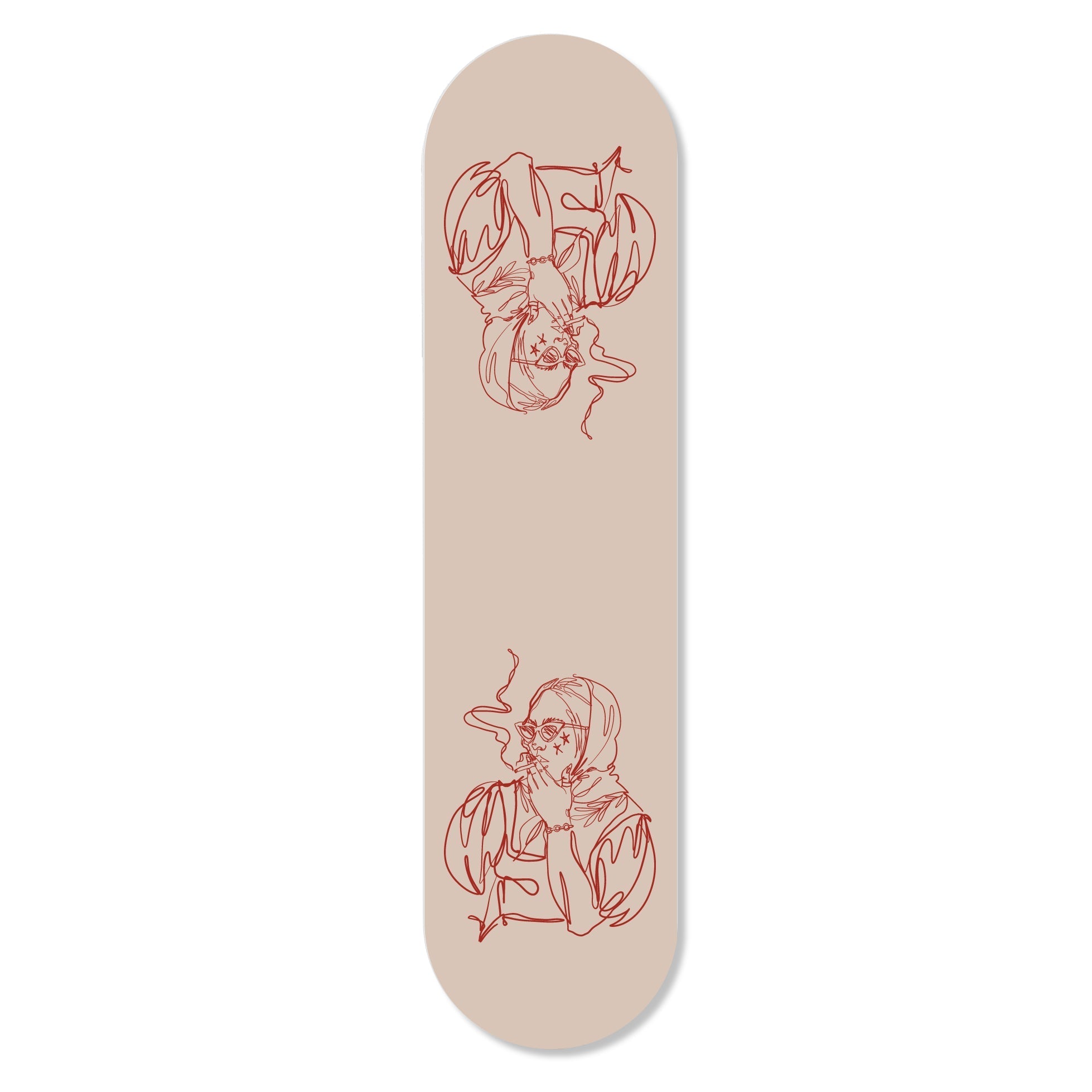 Stylish flat skateboard featuring a fashionable girl design, hung with magnets for wall decor.