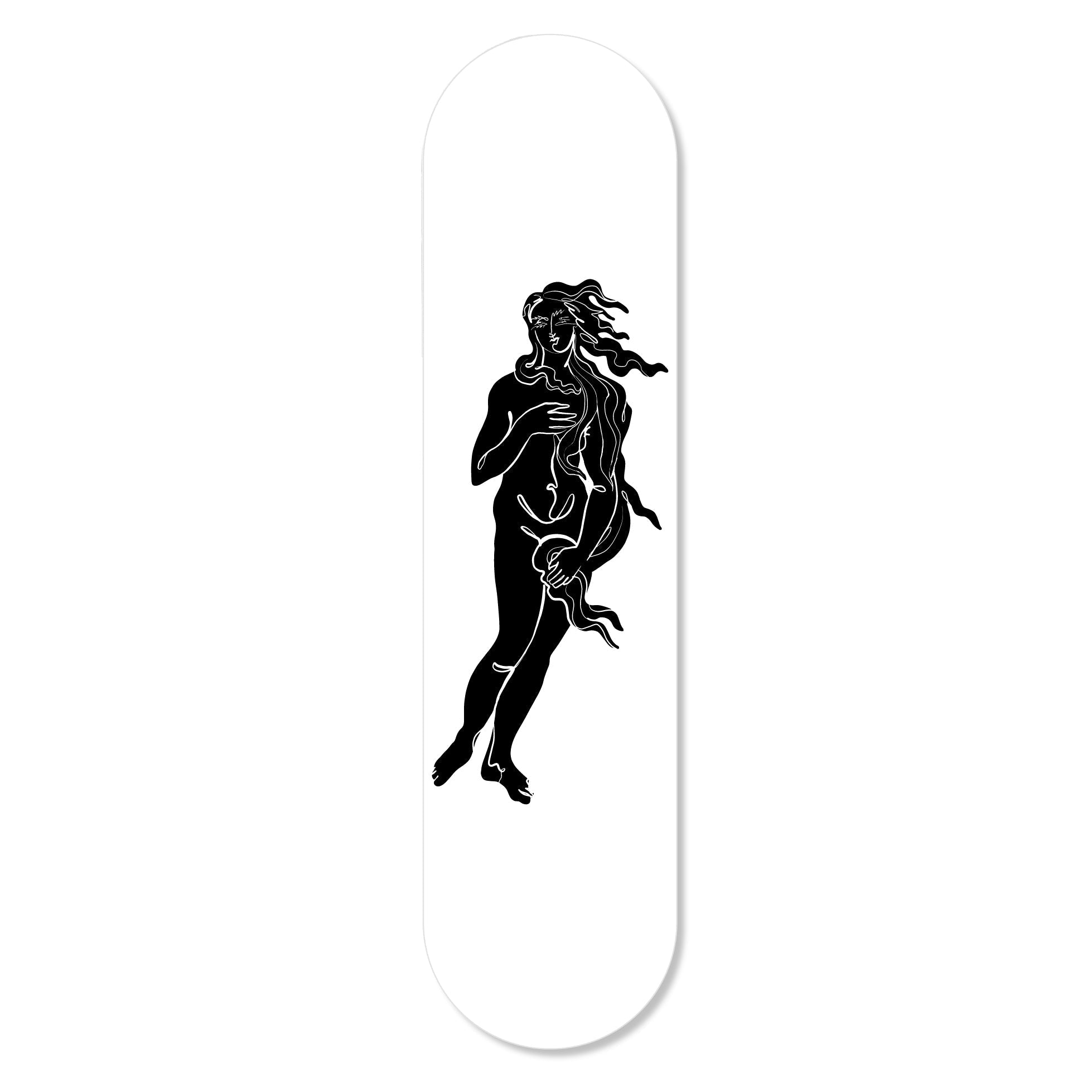 The Girl Knew York Venus skateboard featuring vibrant colors and artistic graphics, designed for stylish wall display with a magnetic hanging system.