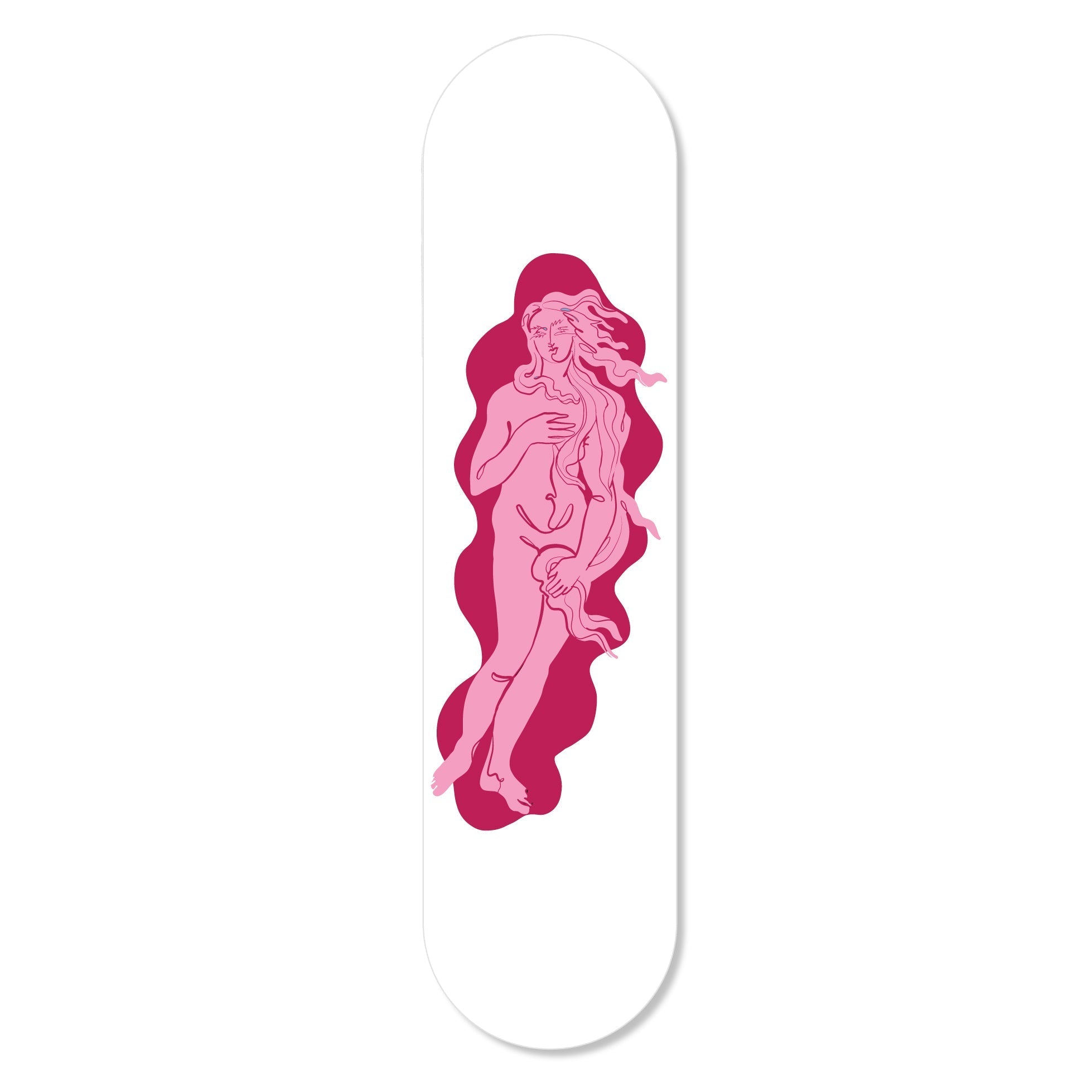 The Girl Knew York Venus skateboard featuring vibrant colors and artistic graphics, designed for stylish wall display with a magnetic hanging system.