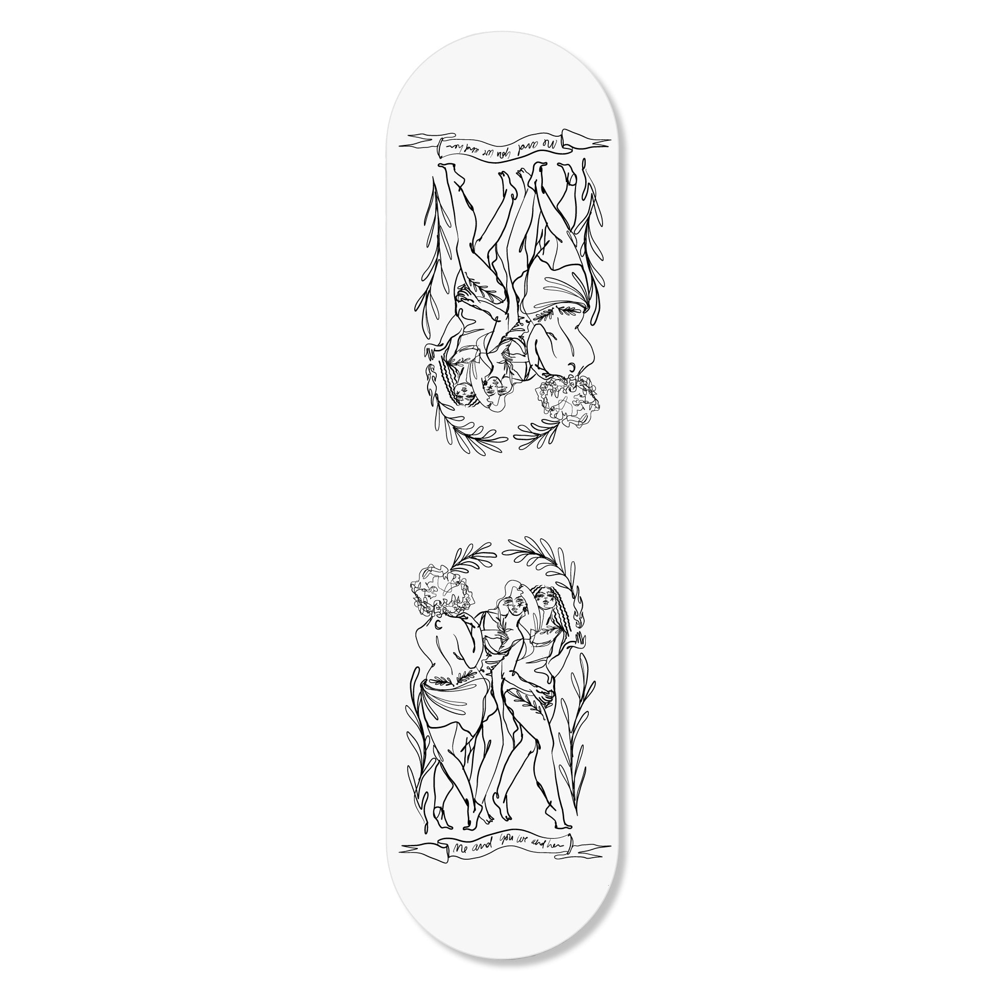 A stylish flat skateboard from the Girl Knew York Collection, featuring vibrant artwork, hung on a wall using magnets.