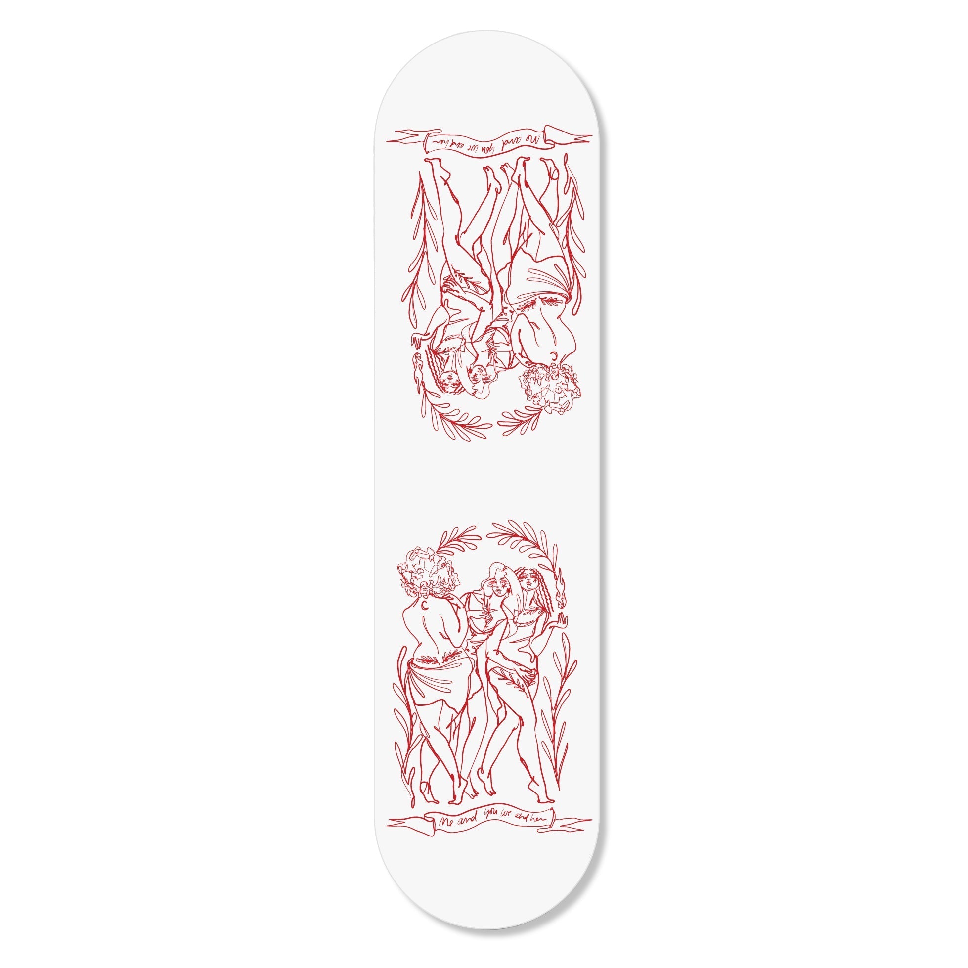 A stylish flat skateboard from the Girl Knew York Collection, featuring vibrant artwork, hung on a wall using magnets.