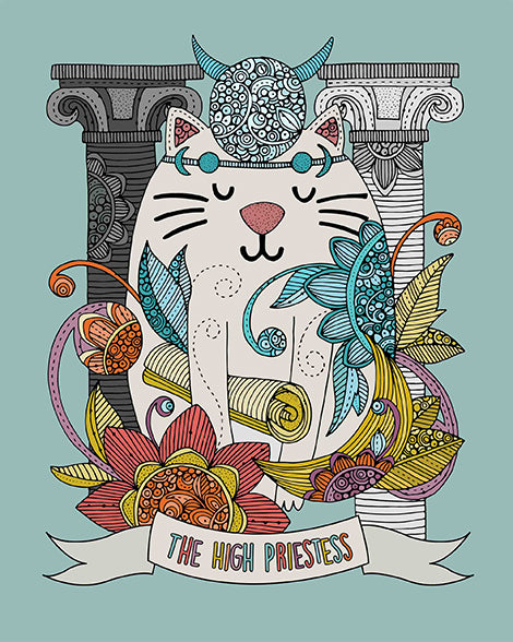 A whimsical illustration of a cat representing the High Priestess Tarot card, featuring intricate details and vibrant colors.