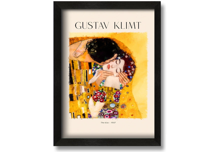 A beautiful canvas print of 'The Kiss' by Gustav Klimt, featuring a couple in an intimate embrace with a golden background.
