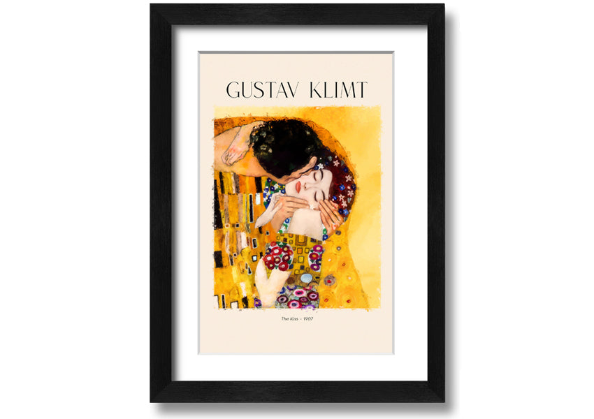 A beautiful canvas print of 'The Kiss' by Gustav Klimt, featuring a couple in an intimate embrace with a golden background.