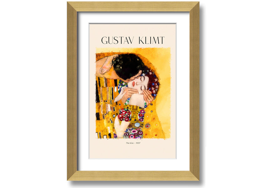 A beautiful canvas print of 'The Kiss' by Gustav Klimt, featuring a couple in an intimate embrace with a golden background.
