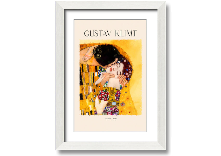 A beautiful canvas print of 'The Kiss' by Gustav Klimt, featuring a couple in an intimate embrace with a golden background.