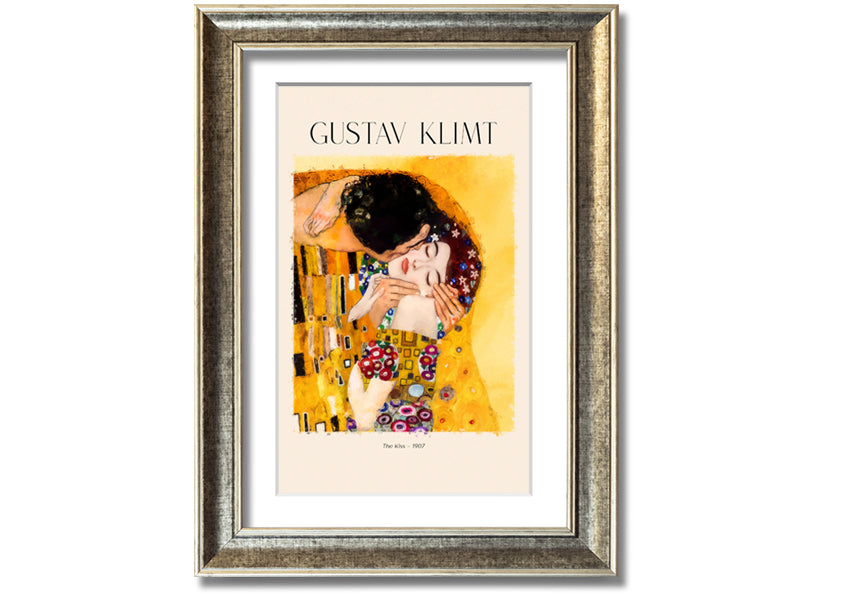 A beautiful canvas print of 'The Kiss' by Gustav Klimt, featuring a couple in an intimate embrace with a golden background.