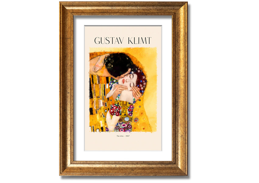 A beautiful canvas print of 'The Kiss' by Gustav Klimt, featuring a couple in an intimate embrace with a golden background.