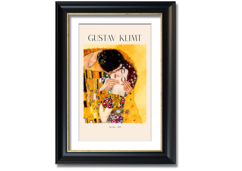 A beautiful canvas print of 'The Kiss' by Gustav Klimt, featuring a couple in an intimate embrace with a golden background.