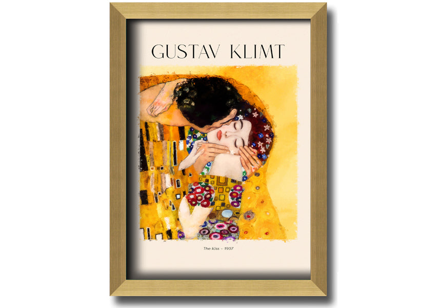 A beautiful canvas print of 'The Kiss' by Gustav Klimt, featuring a couple in an intimate embrace with a golden background.