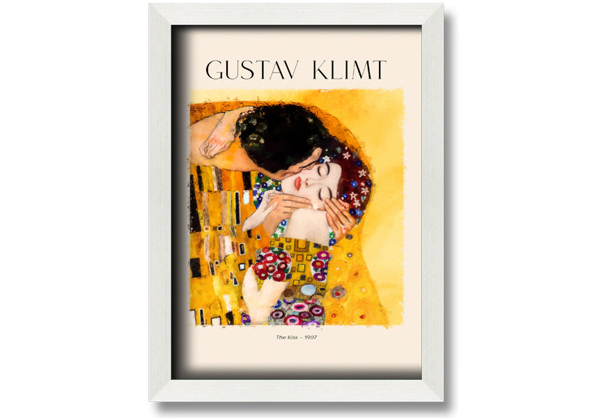 A beautiful canvas print of 'The Kiss' by Gustav Klimt, featuring a couple in an intimate embrace with a golden background.