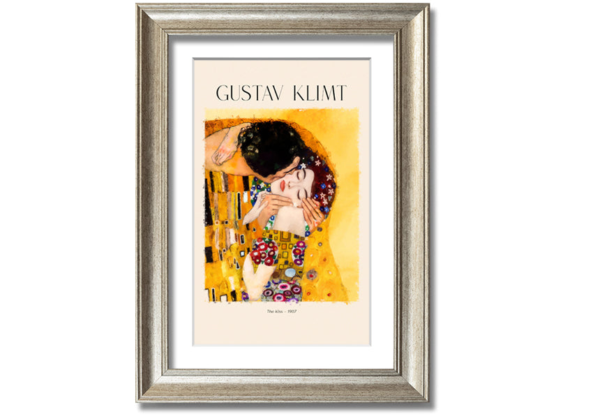 A beautiful canvas print of 'The Kiss' by Gustav Klimt, featuring a couple in an intimate embrace with a golden background.