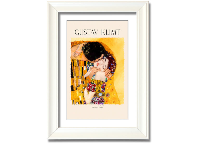A beautiful canvas print of 'The Kiss' by Gustav Klimt, featuring a couple in an intimate embrace with a golden background.