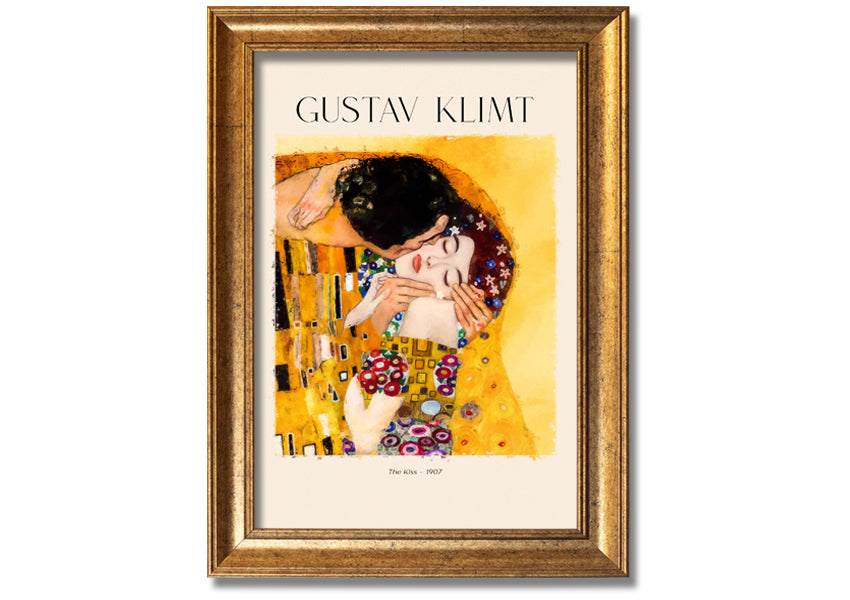 A beautiful canvas print of 'The Kiss' by Gustav Klimt, featuring a couple in an intimate embrace with a golden background.
