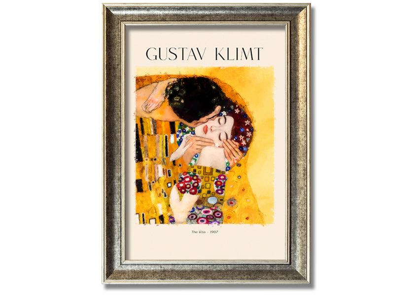 A beautiful canvas print of 'The Kiss' by Gustav Klimt, featuring a couple in an intimate embrace with a golden background.