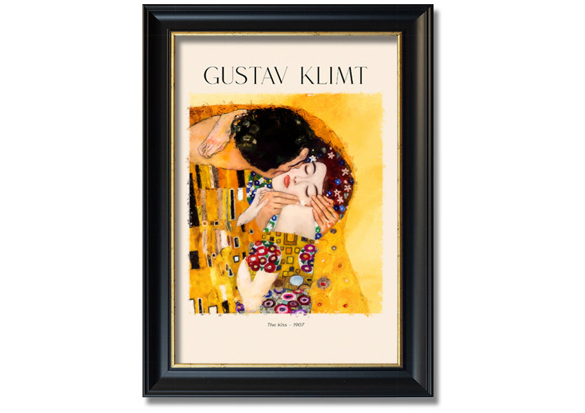 A beautiful canvas print of 'The Kiss' by Gustav Klimt, featuring a couple in an intimate embrace with a golden background.