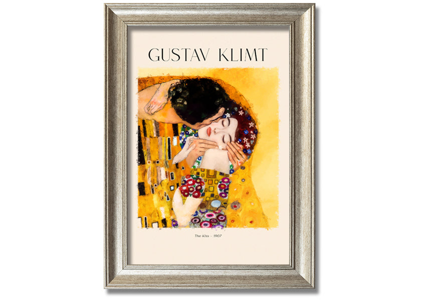 A beautiful canvas print of 'The Kiss' by Gustav Klimt, featuring a couple in an intimate embrace with a golden background.