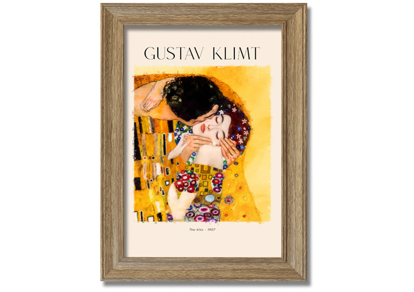 A beautiful canvas print of 'The Kiss' by Gustav Klimt, featuring a couple in an intimate embrace with a golden background.