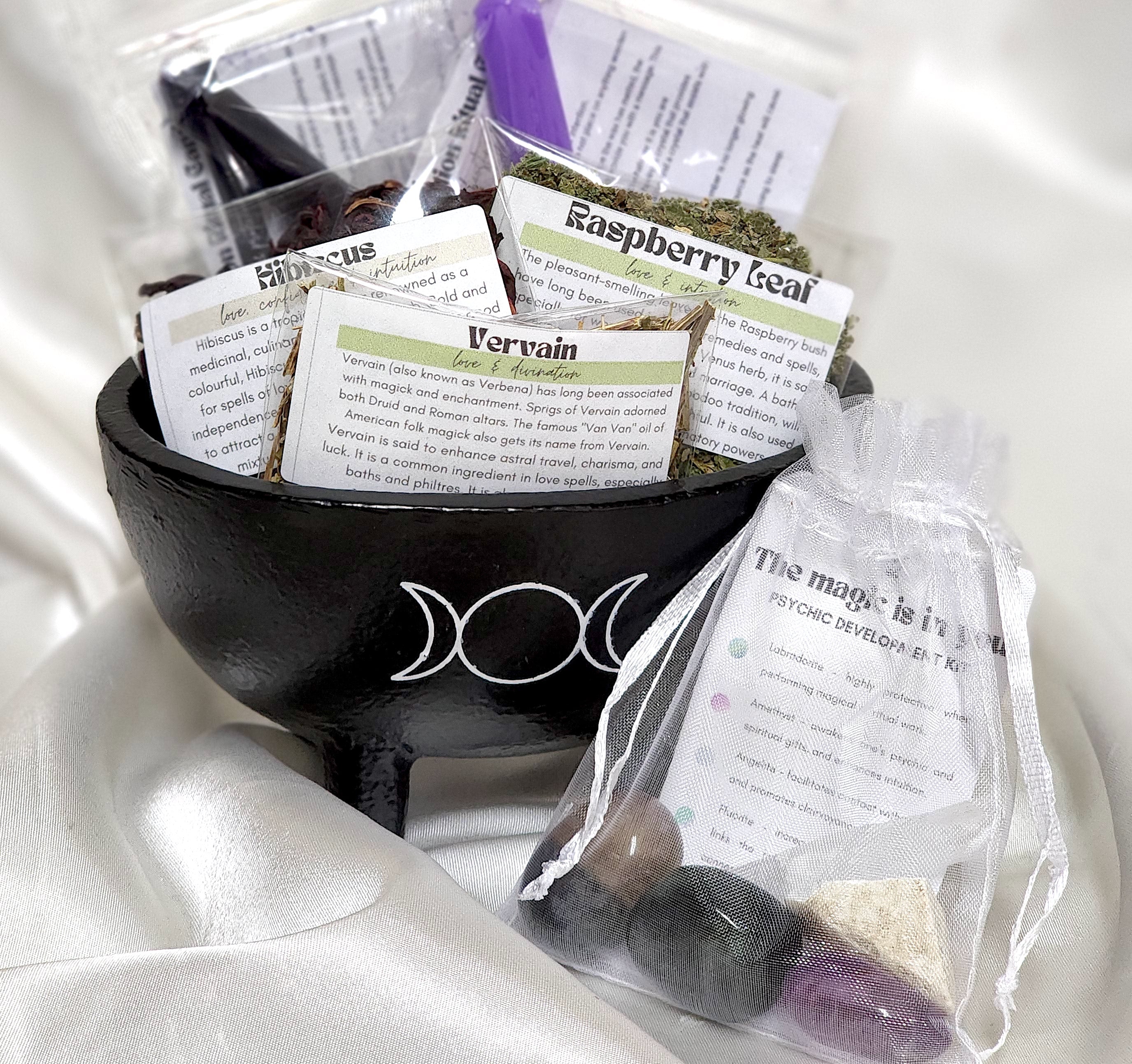 The Magic is in You Intuition Spell & Ritual Kit featuring crystals, candles, herbs, and an optional cauldron with mystical designs.