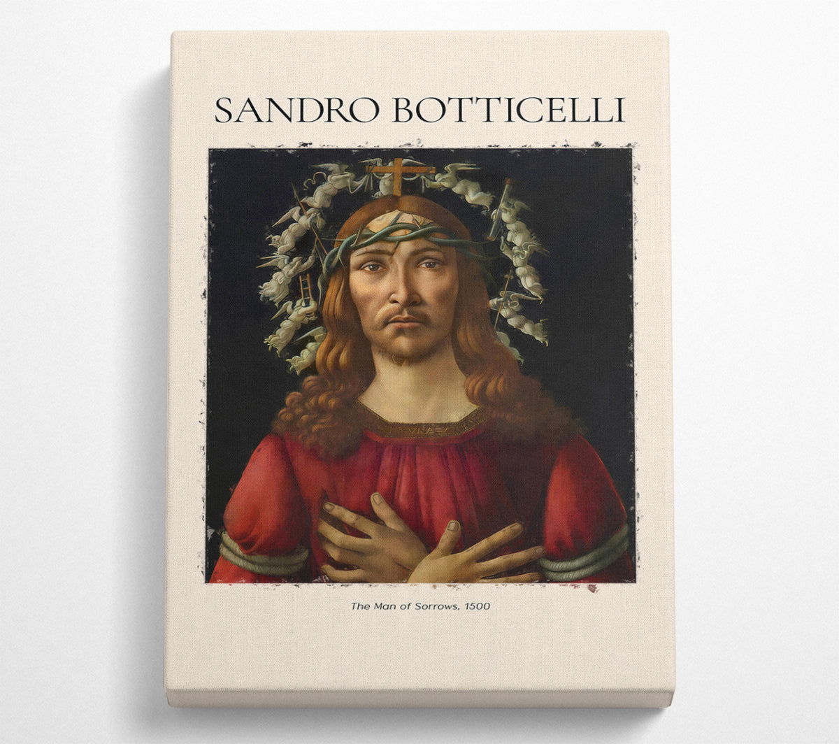 A detailed canvas print of 'The Man Of Sorrows' by Sandro Botticelli, mounted on a sturdy box frame, showcasing vibrant colors and intricate details.
