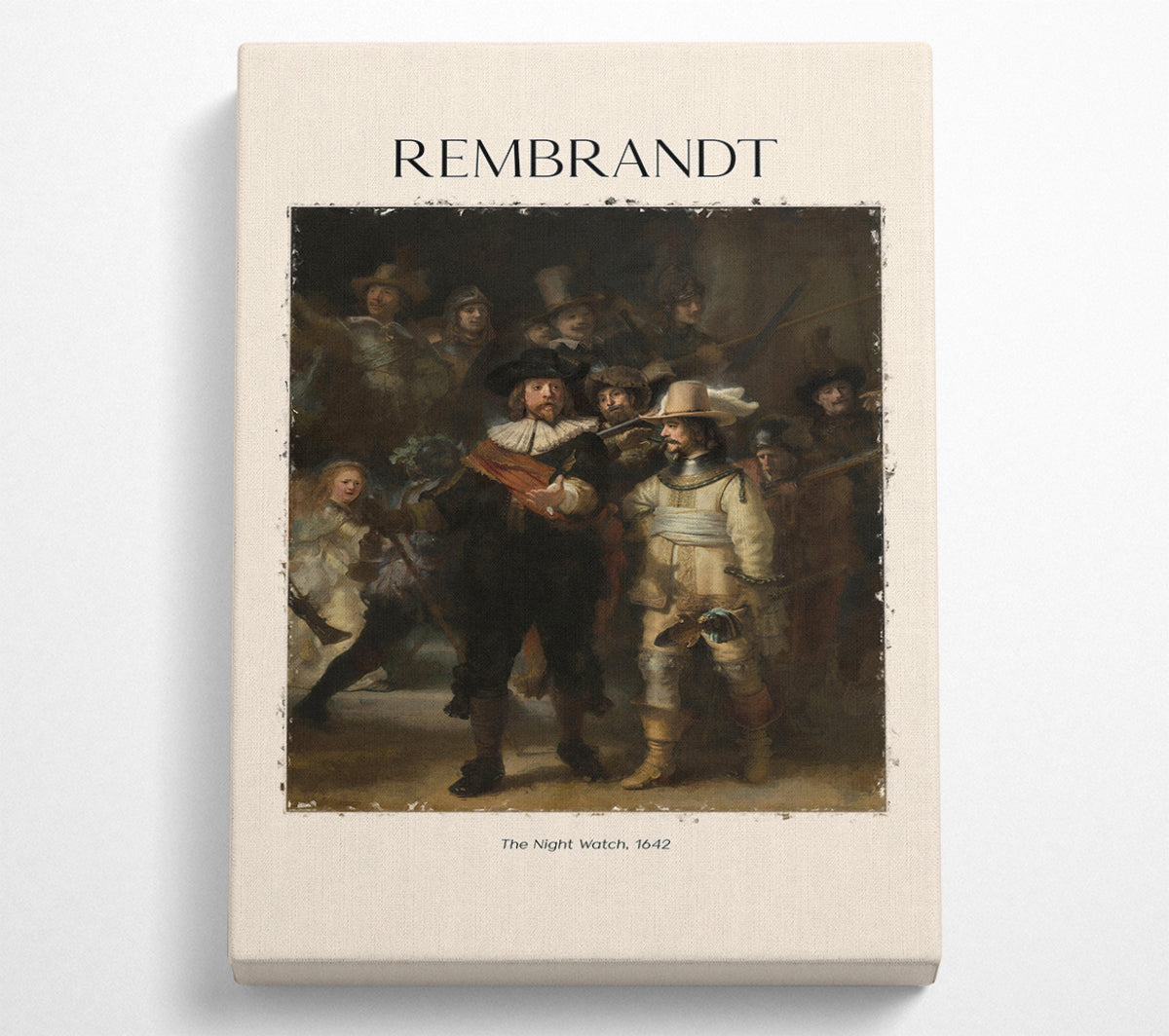 A high-quality canvas print of The Night Watch by Rembrandt, featuring a group of militia men in a dramatic scene, mounted on a sturdy box frame.