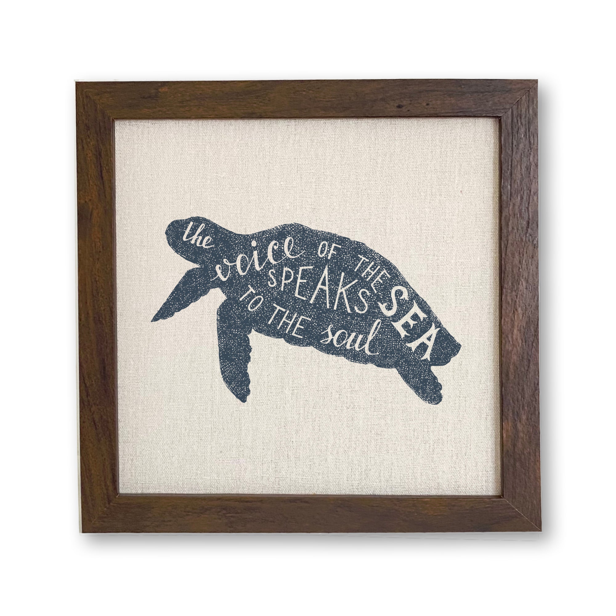 Framed sign featuring 'The Voice of the Sea' design with a natural wood frame and linen-look background.