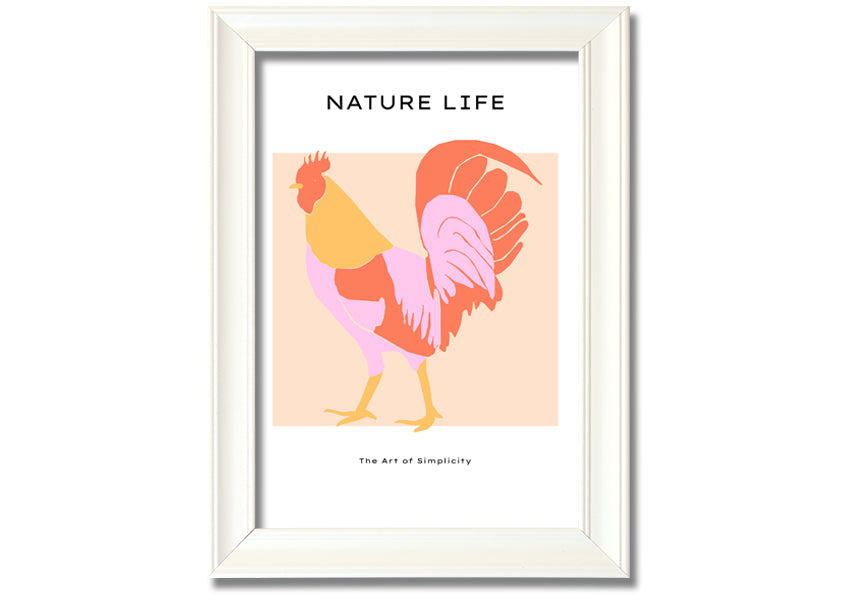 A beautifully framed print of The Walking Cockerel, showcasing vibrant colors and intricate details, ready to hang on the wall.